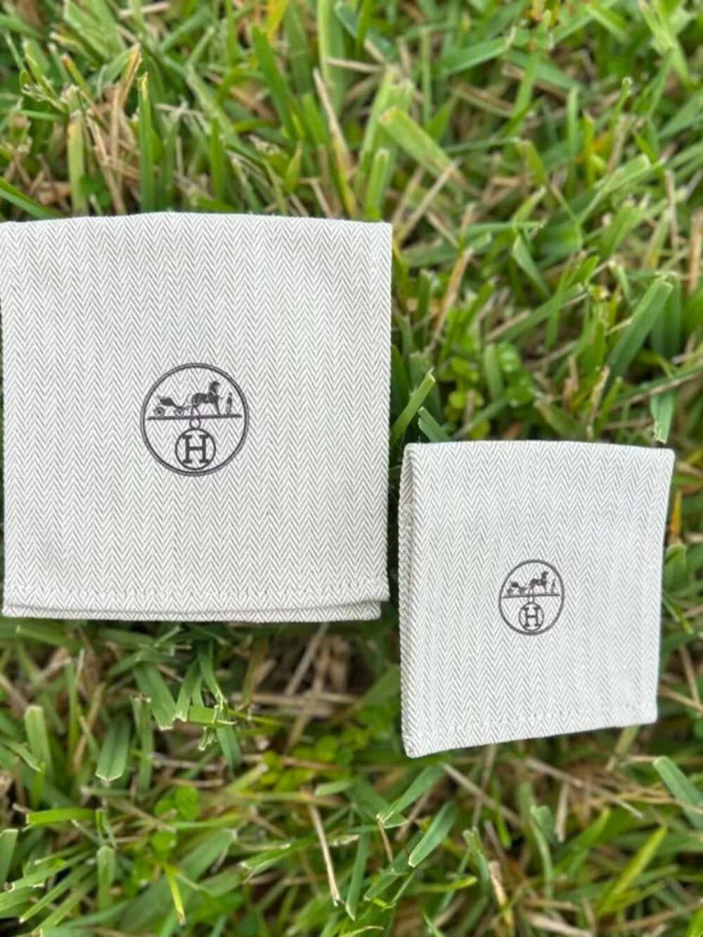 Authentic Hermès Dust Pouch Set Beige Herringbone Cotton Le Duc Logo Jewelry bag